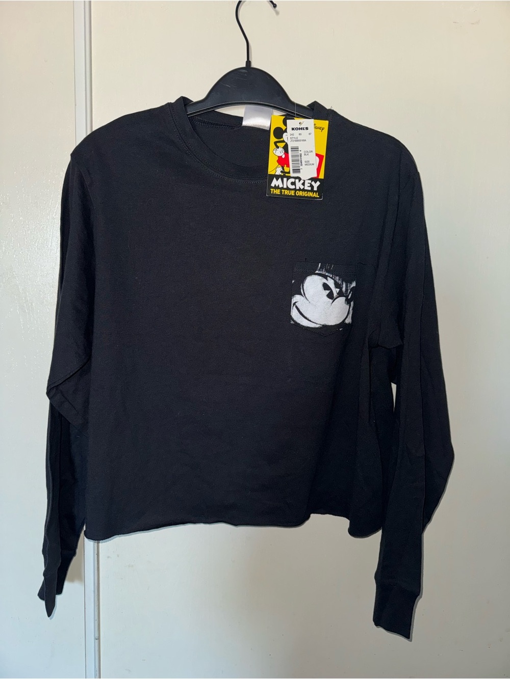 Disney Black Long-Sleeve Crop Top with Mickey Pocket Graphic